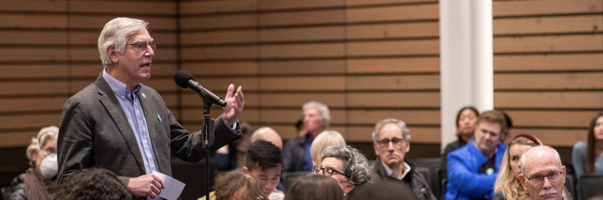 An audience member asks a question at a recent Climate One event
