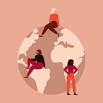 illustration of three women around a globe