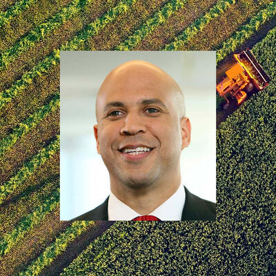 Cory Booker's face overlaid on a farmer's field