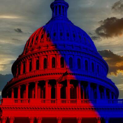 A stylized graphic of the U.S. Captiol painted red and blue
