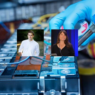 The headshots of JB Straubel and Aimee Boulanger over an image of work on an electrical component