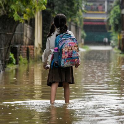 A young girl stands in ankle-deep water in the middle of a flooded street