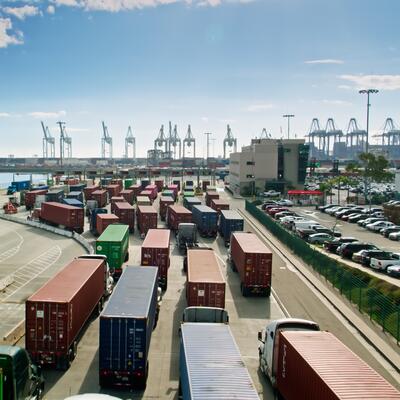 Trucks queue outside the port of Los Angeles and Long Beach