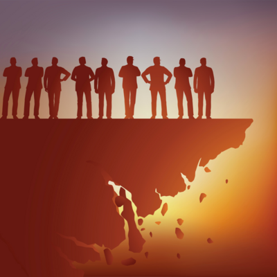 People stand on a collapsing rock ledge