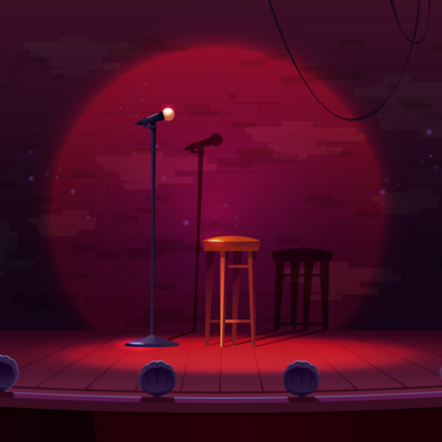 Artwork depicting a mic and stool on a stage