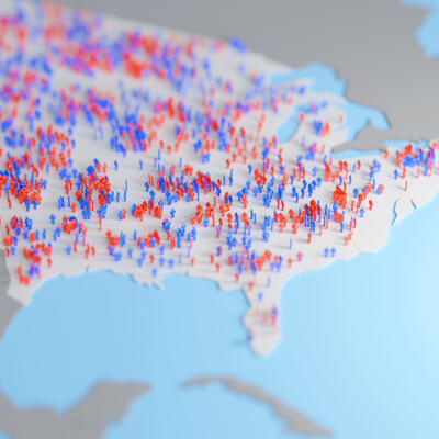 A map of the United States full of red and blue pins