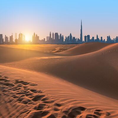 The skyline of Dubai in the United Arab Emirates towers over the desert