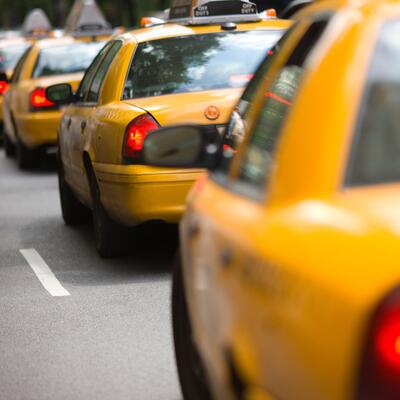 Yellow taxicabs queue in New York City