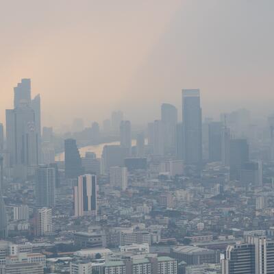 A smoggy city skyline