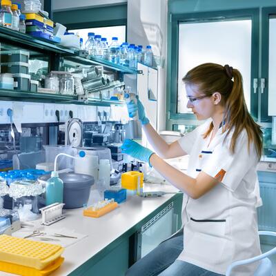 A scientist examines beakers in a lab