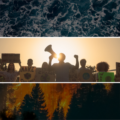 People marching and holding signs, with one person shouting into a megaphone and holding their fist in the air; background images of the ocean and a forest fire