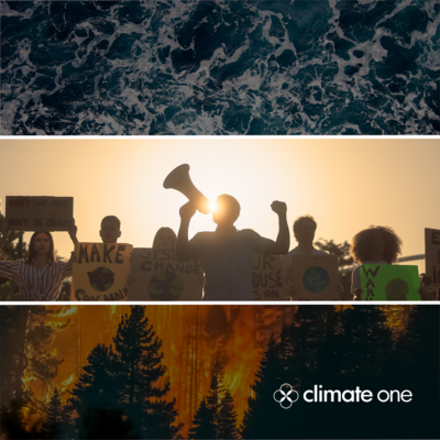 People marching and holding signs, with one person shouting into a megaphone and holding their fist in the air; background images of the ocean and a forest fire