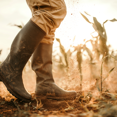 Farmer's boots walking through field of crops