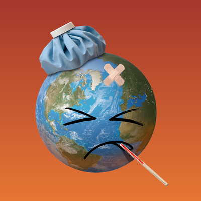 the earth with a face that looks sick/in pain, with a thermometer in its "mouth", an ice pack on its "head", and 2 bandages on its "forehead" overlapping in the shape of an x. Set against a red-to-orange gradient background.