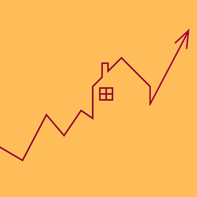Yellow background; jagged red line as if a line graph, showing steady increase; part of the line forms the outline of a house and the line ends in an arrow pointing up