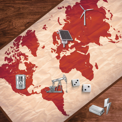 board game that is a map of the world, with 2 dice, and with game pieces being various energy forms such as an oil barrel, wind turbine, and solar panel
