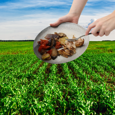 One hand holding a plate, the other hand scraping food off of the plate, superimposed over a green field of crops.
