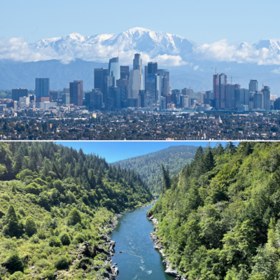 Image is split in half lengthwise: top half, the city of Los Angeles with clear skies and mountains in the background; bottom half, the Klamath River surrounded by forests