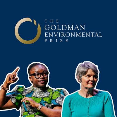 Iroro Tanshi and Sarah Finch against a dark blue background with The Goldman Environmental Prize logo above them