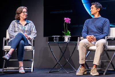 Kinari Webb and Premal Shah on stage at Climate One